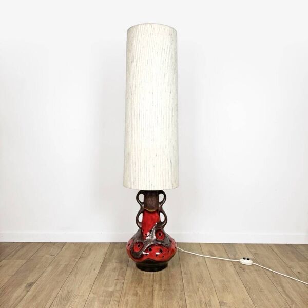 Lampe de sol céramique orange et toile de jute années 70