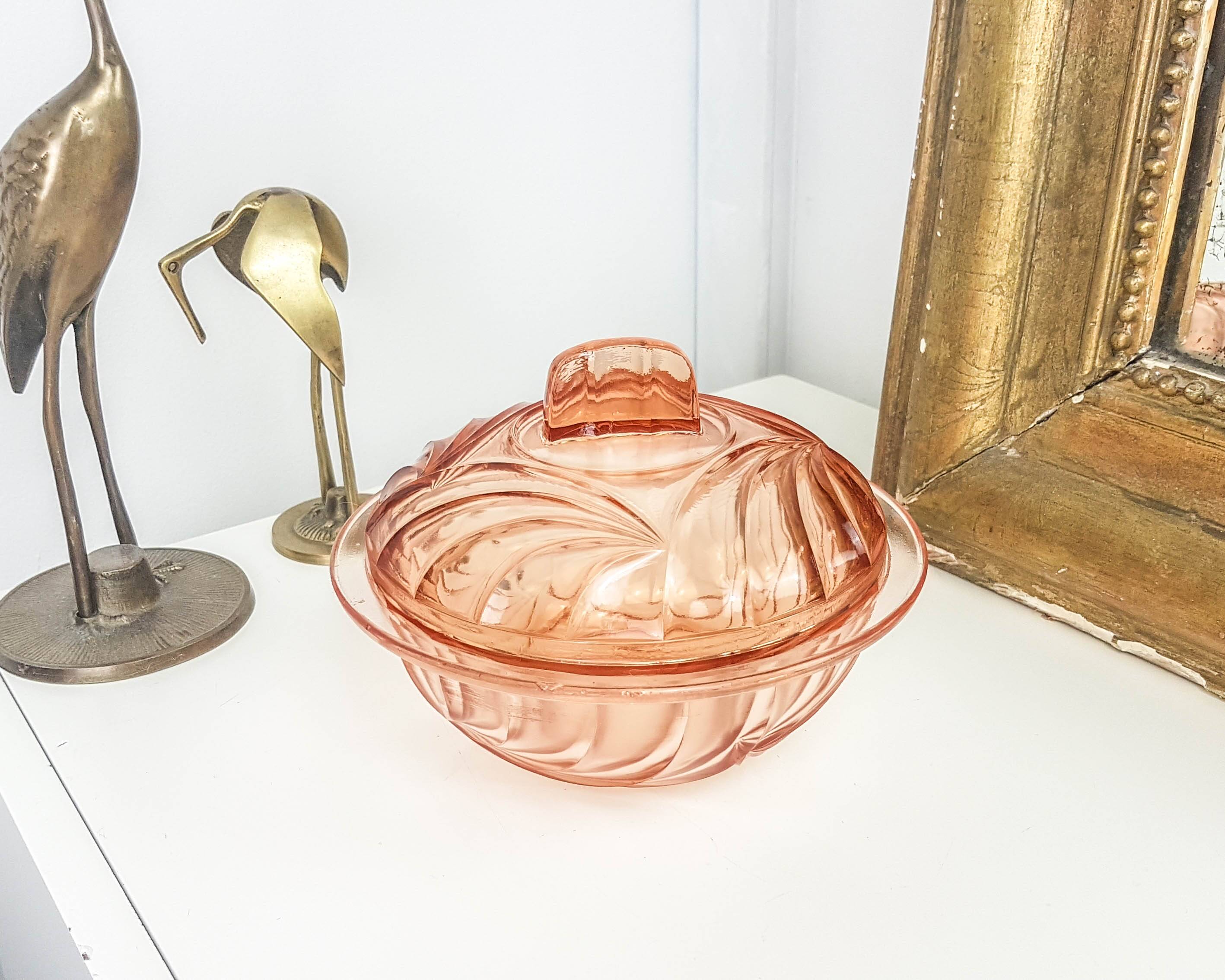 Vintage pink glass art deco candy box 1950