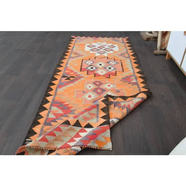 1970s Turkish Oushak Handmade Wool Cotton Orange Runner Rug 95x254