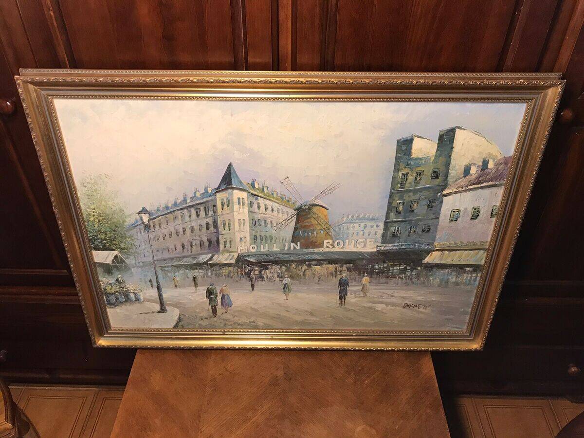 Oil on canvas caroline burnett paris moulin rouge + gilded wooden frame