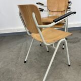 Set of 3 school armchairs light wood white steel 1980s Netherlands