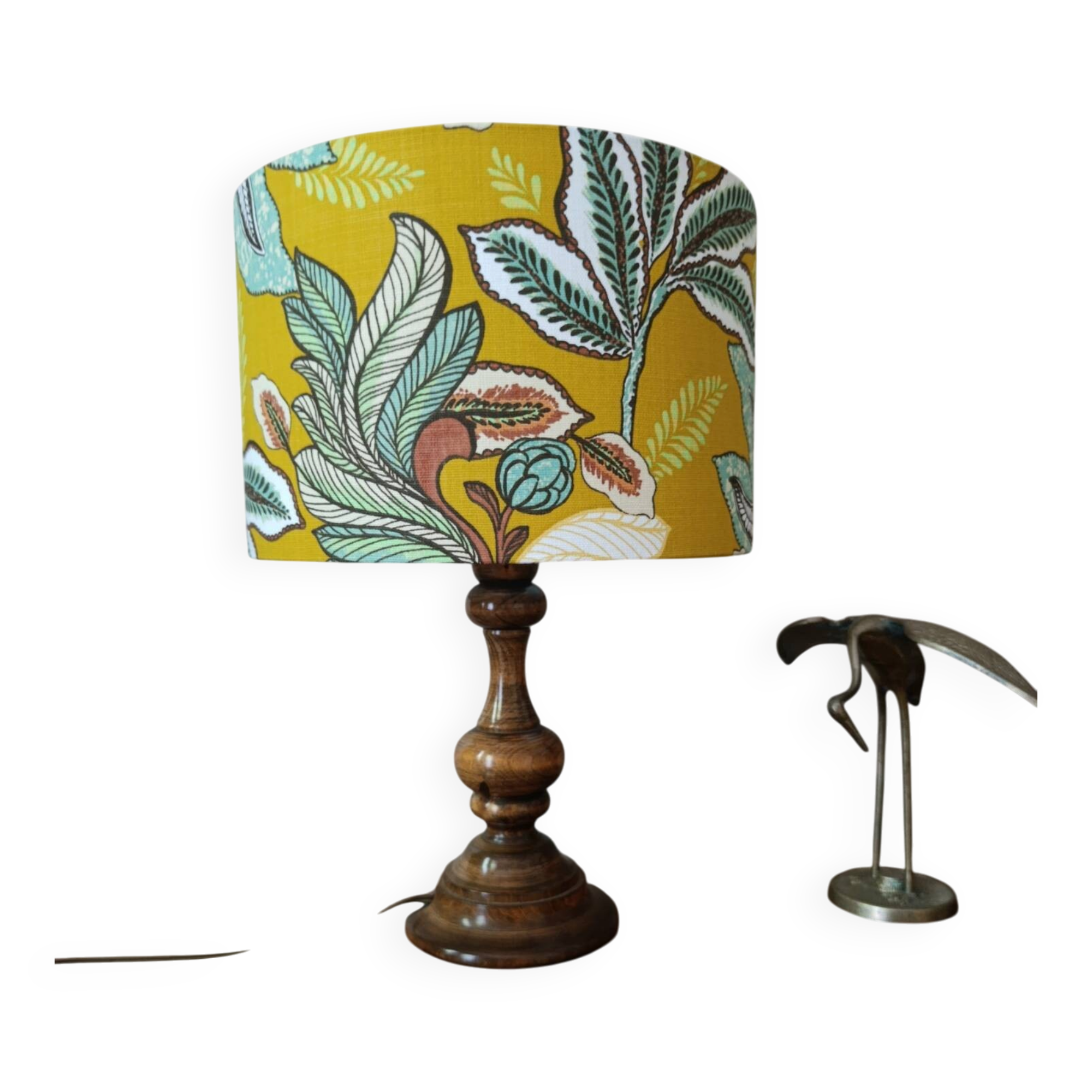 Lampe à poser bois tourné ancien | imprimé ocre végétal & botanique 