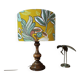 Lampe à poser bois tourné ancien | imprimé ocre végétal & botanique 