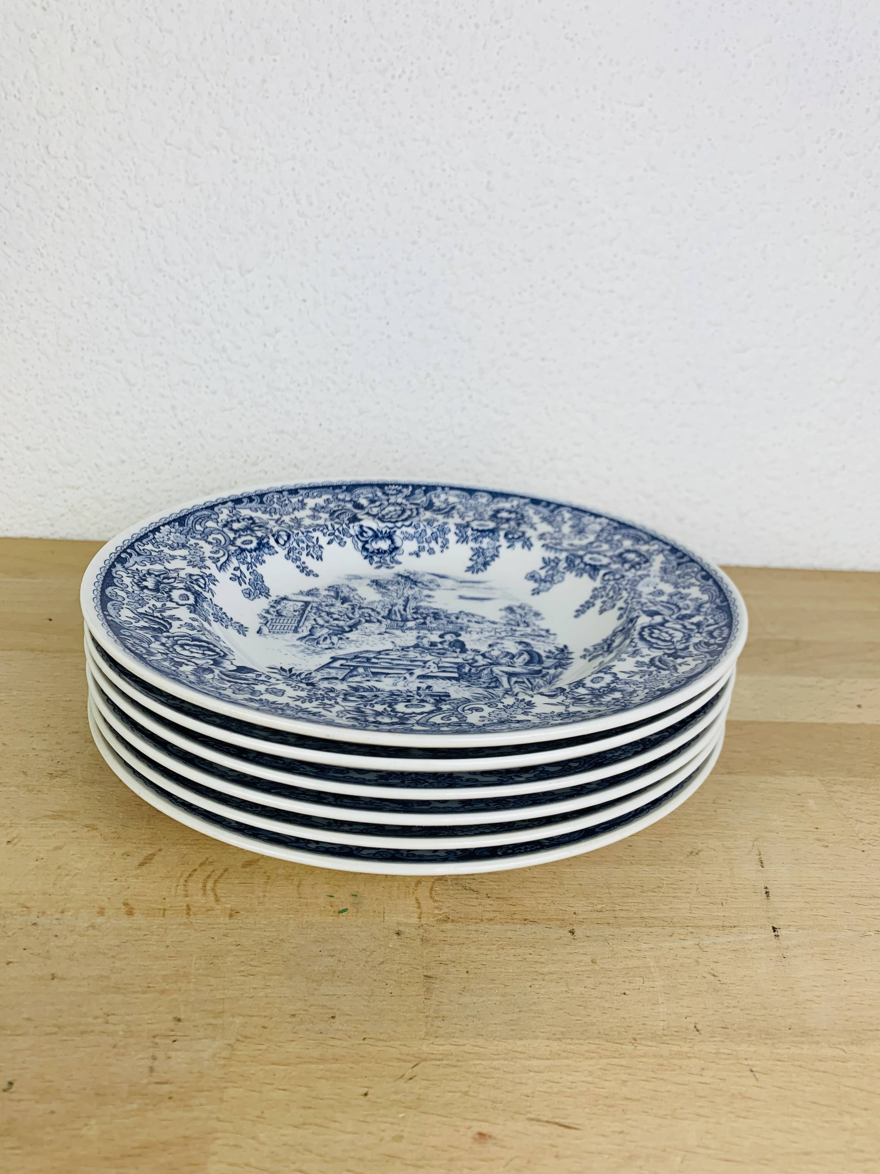 6 assiettes plates terre de fer bleues vintage