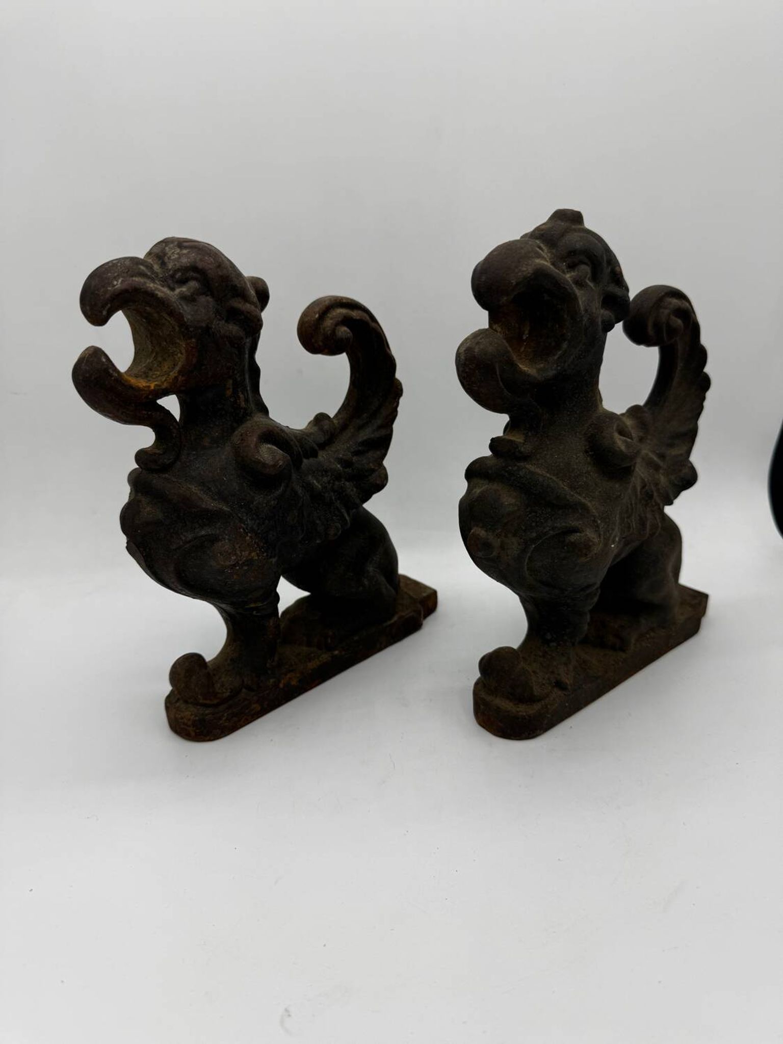 Pair of winged chimera and dragon fire dogs in cast iron