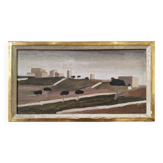 Peinture à l’huile de paysage abstrait vintage moderne du milieu du siècle « Ville à l’horizon », encadrée