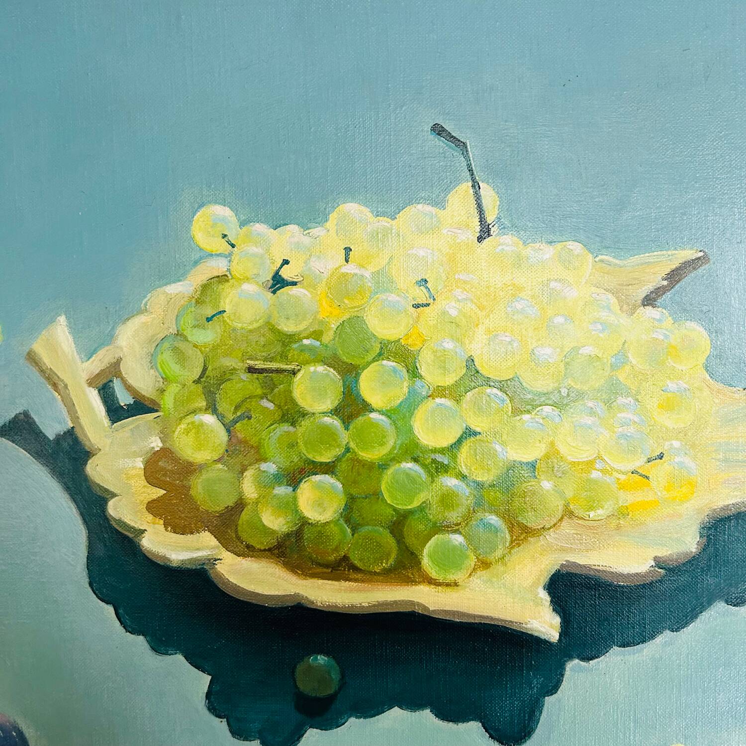 Large painting of white grapes and figs