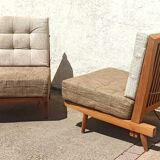 Pair of heaters 60s solid teak two-tone cushions