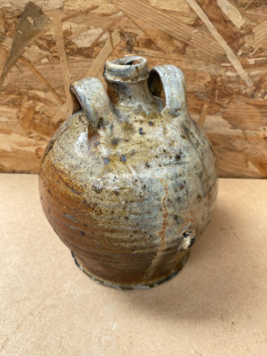 Antique oil jug jar double handle glazed stoneware grey vintage