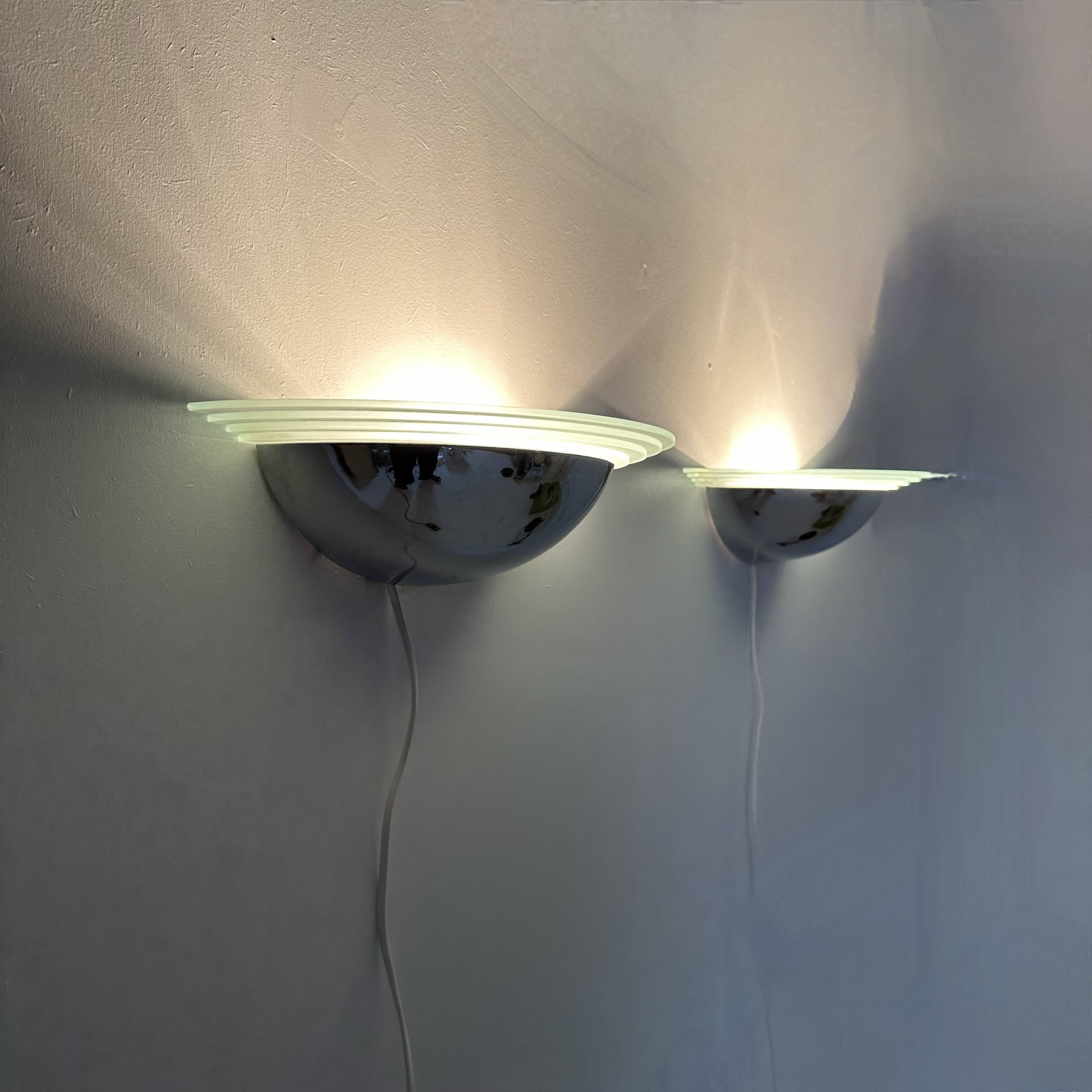Pair of post modern wall lamps chrome and glass , 1980s