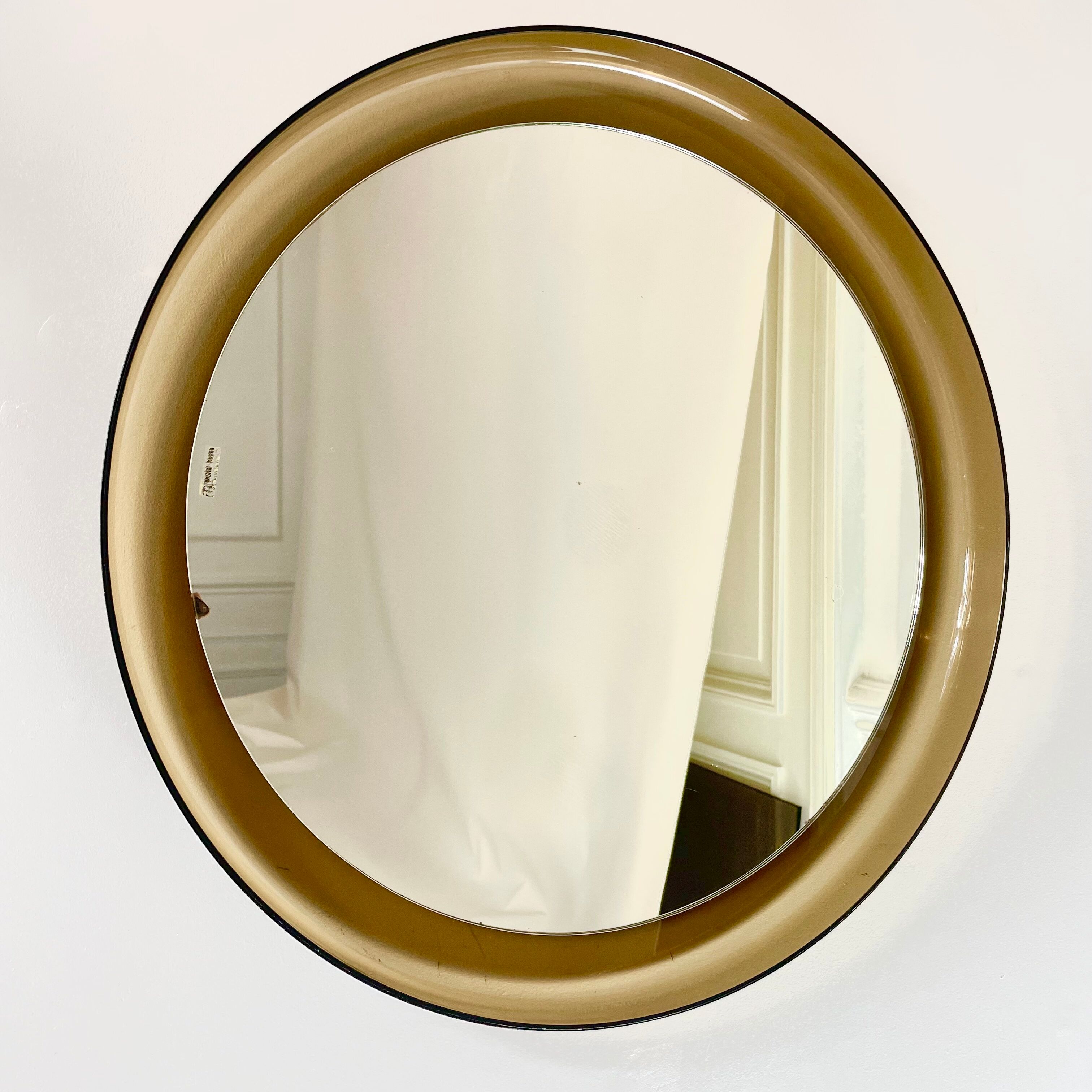 Mid-century round wall mirror in smoked acrylic glass by guzzini, italy, 1970