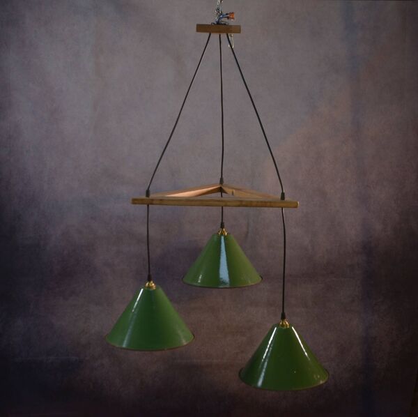 Suspension industrielle design support en chêne avec 3 cloches en métal