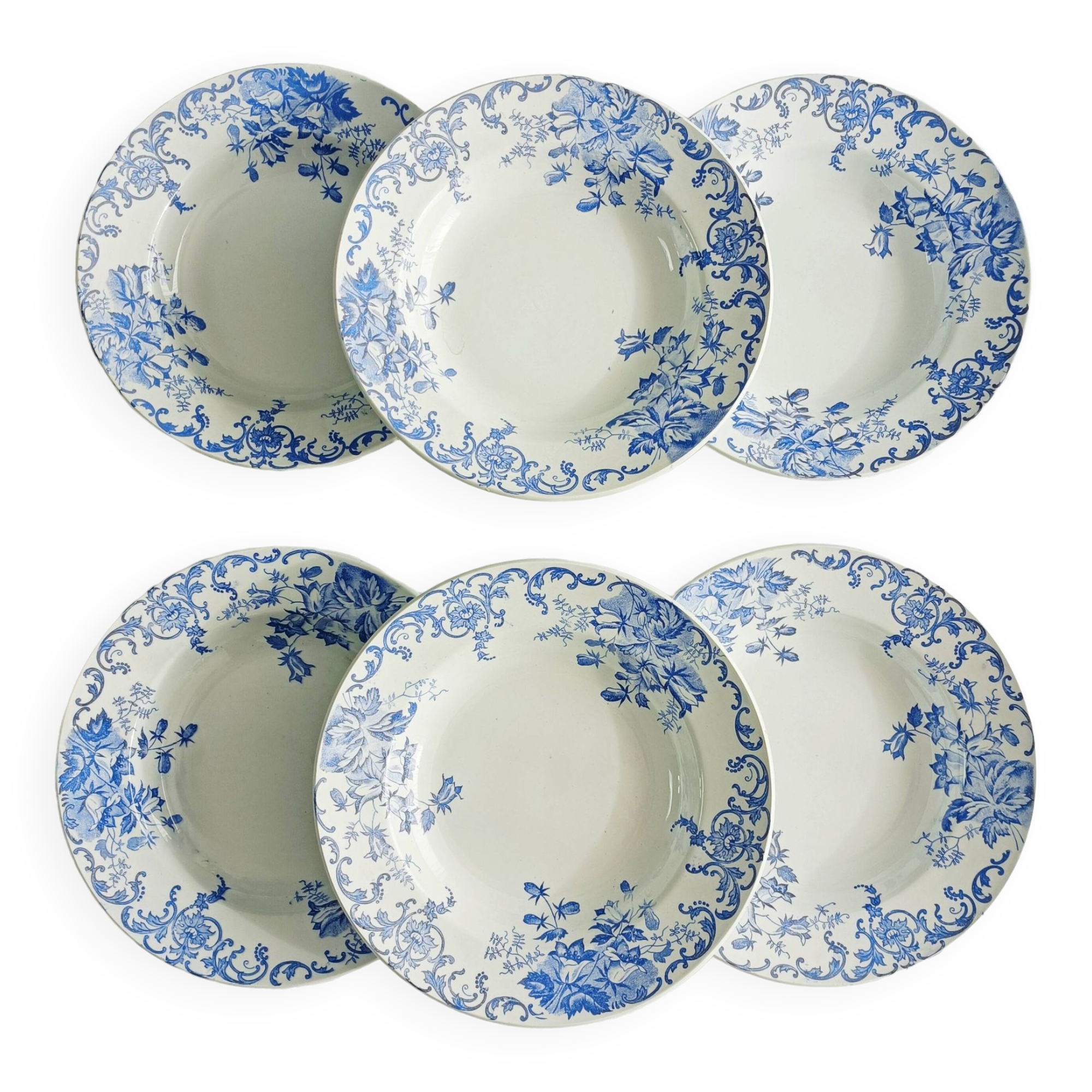 Set of 6 Saint Amand et Hamage iron earth soup plates, Bellflower