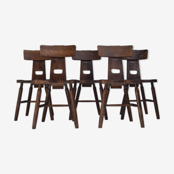 Set of 5 Dark oak Brutalist dining  chairs, 1970s