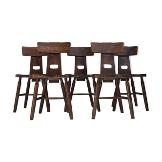 Set of 5 Dark oak Brutalist dining  chairs, 1970s