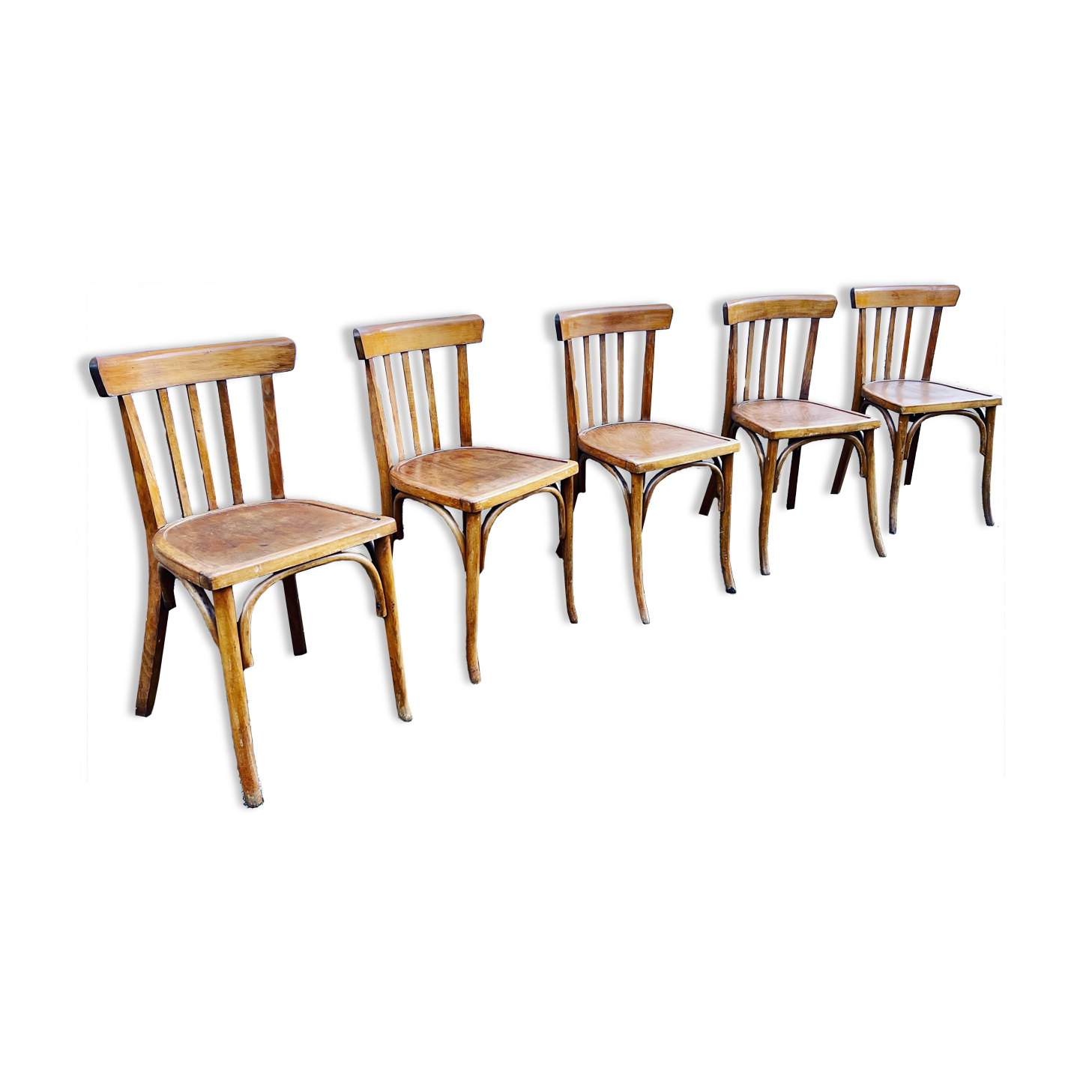 Series of 5 bistro/bohemian beech chairs - vintage - 1950