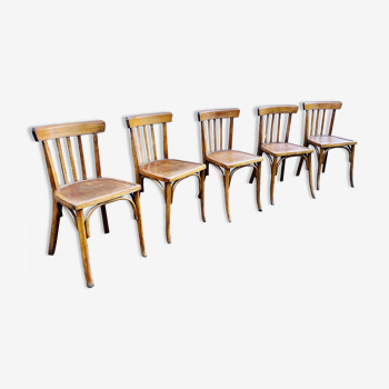 Series of 5 bistro/bohemian beech chairs - vintage - 1950