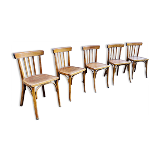 Series of 5 bistro/bohemian beech chairs - vintage - 1950