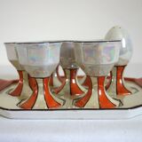 Vintage iridescent set of 6 egg cups, salt shaker, tray and pitchers
