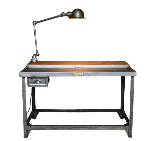 Bureau industriel des poste modifié + lampe Jieldé