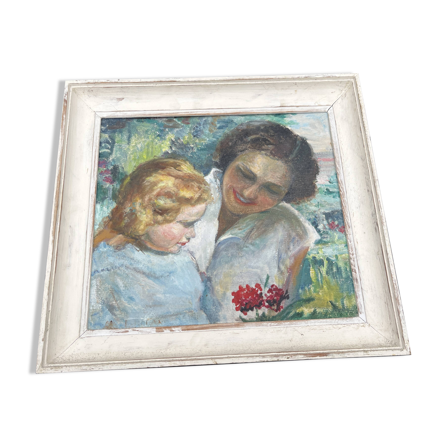 Antique painting, mother and child, impressionist style, early 20th century