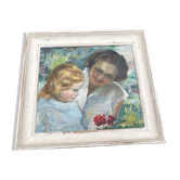 Tableau ancien, mère et enfant, style impressionniste début XXe
