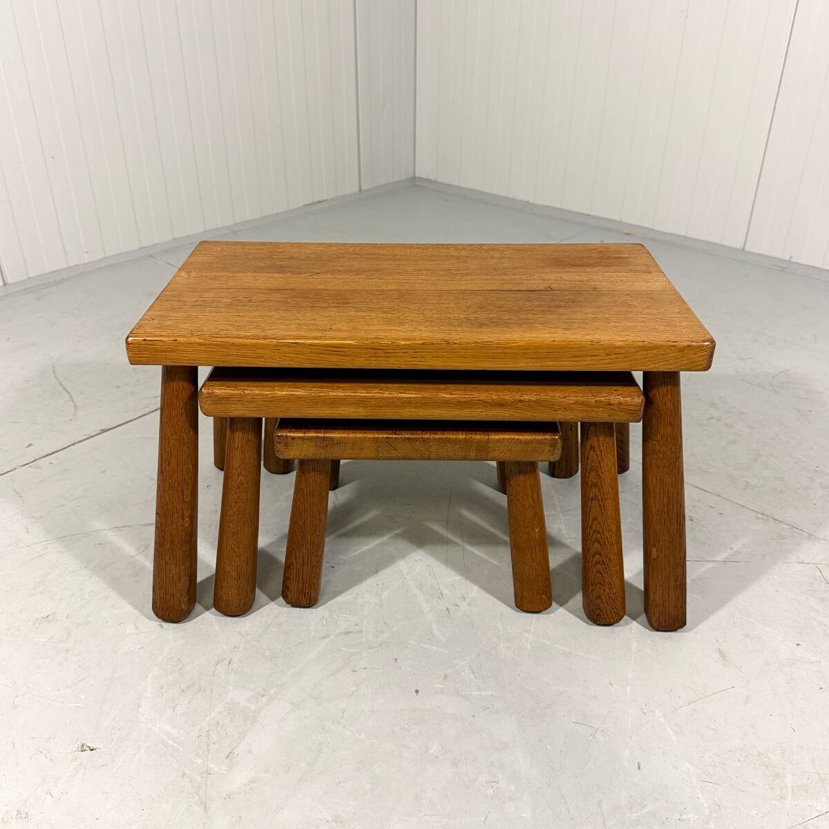 Brutalist rustic blond oak nesting tables