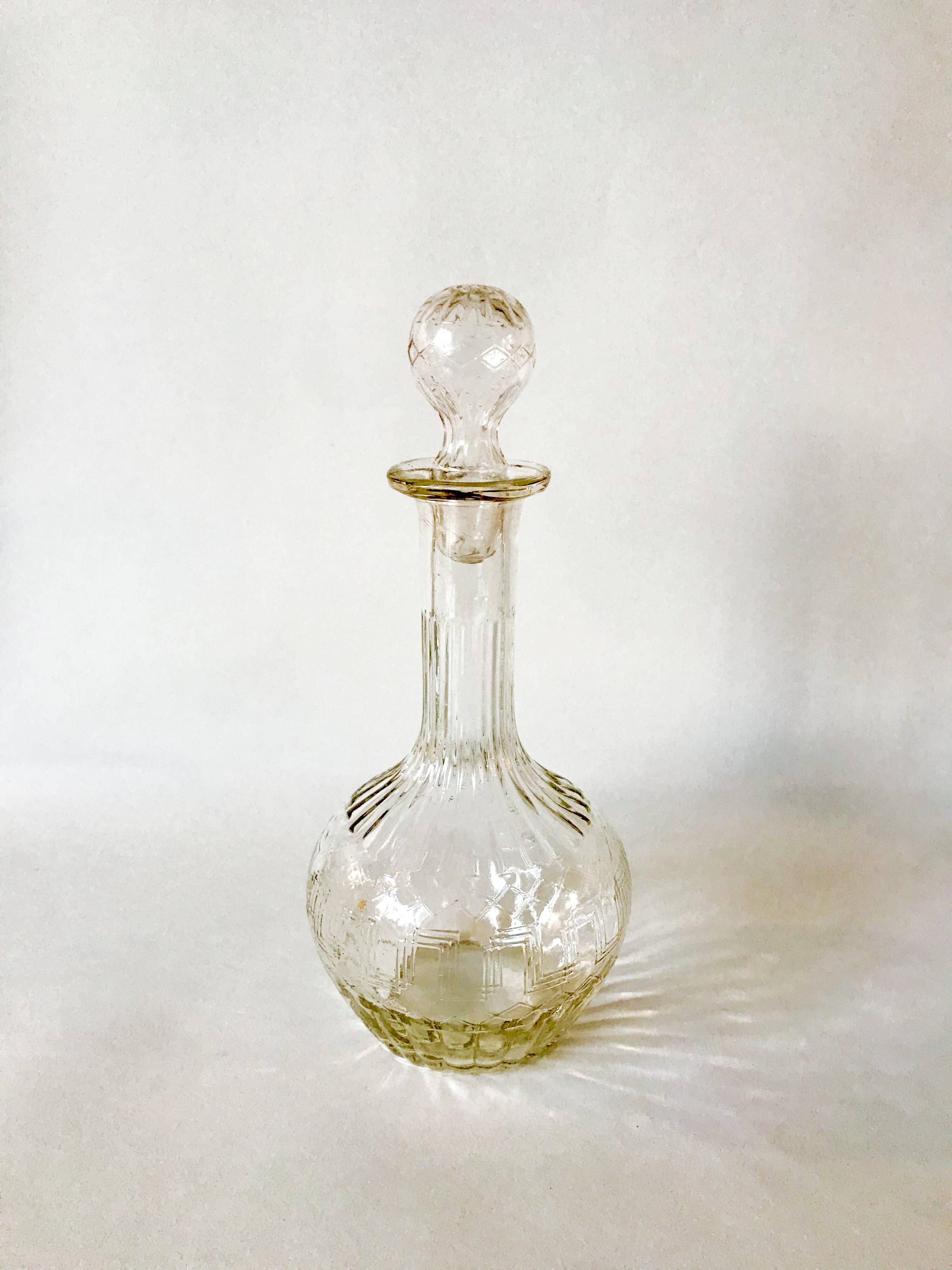 engraved glass wine carafe round stopper 50s