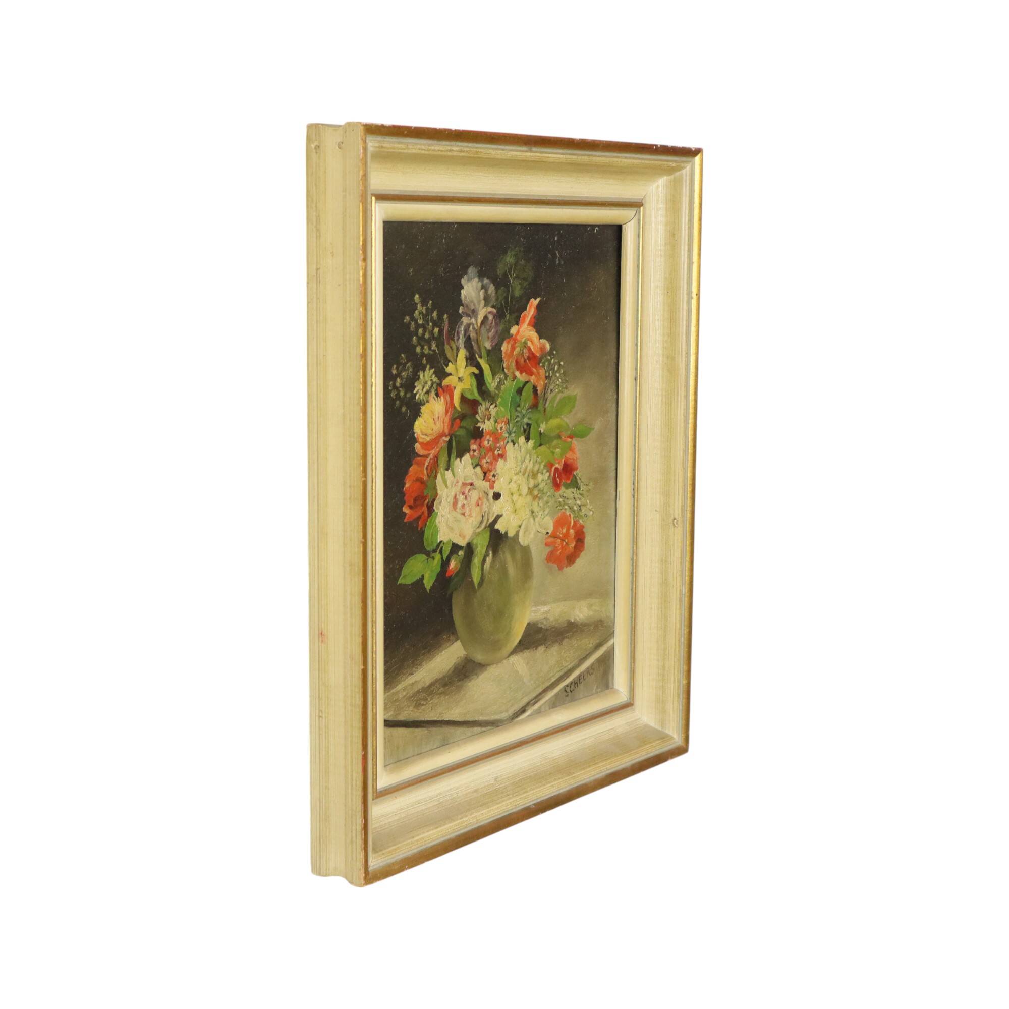 Flowers in Vase Still Life Painting Oil on Canvas Framed Signed
