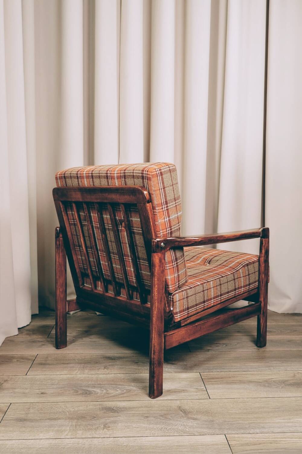 Scandinavian armchair in natural wool, orange, checked, 1965, Z. Baczyk