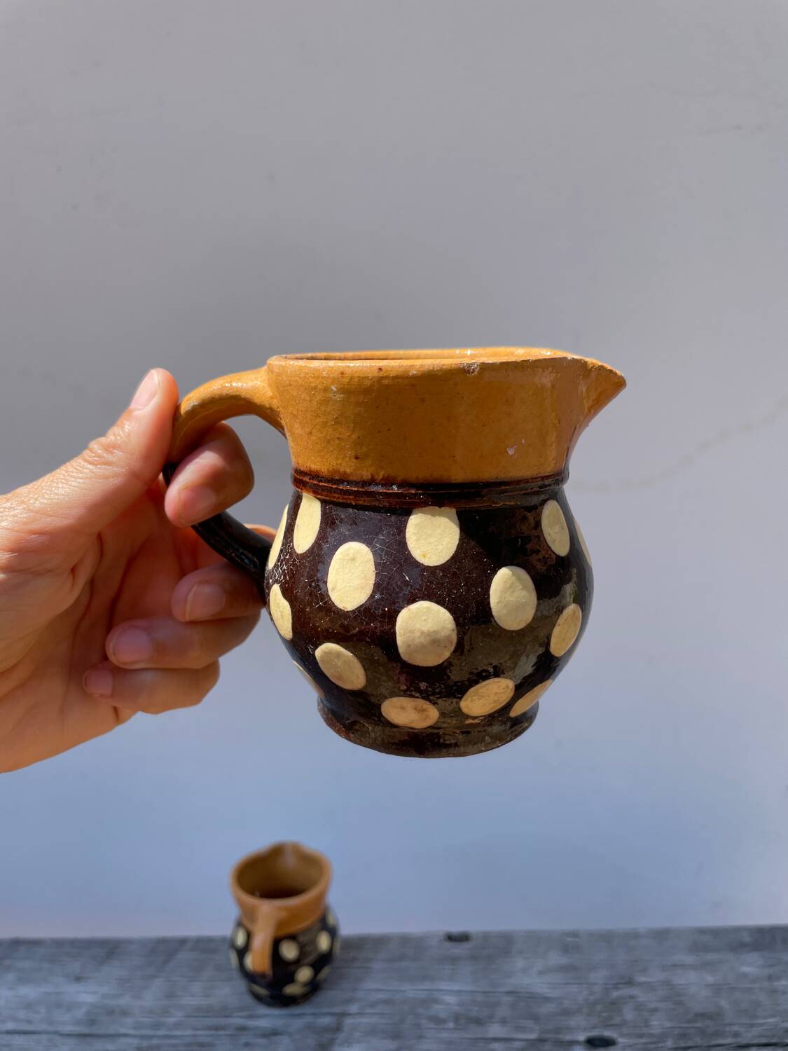 Duo of small Italian polka dot jars