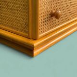 Chest of drawers and bedside table in rattan cane and oak, vintage 1970s