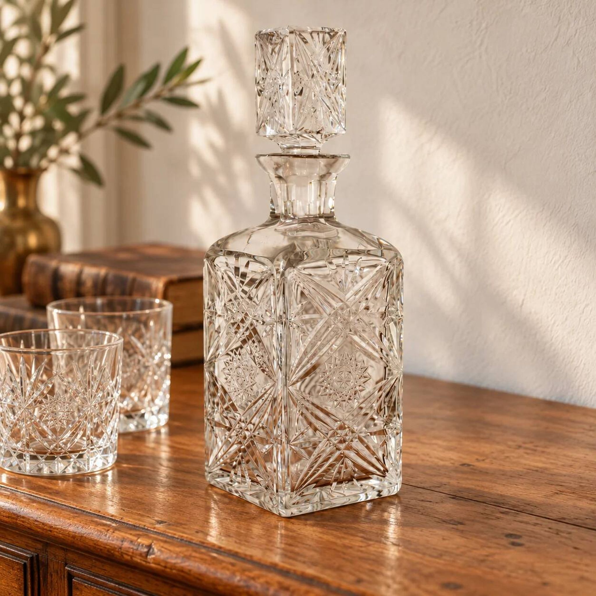 Carafe ancienne en verre taillé probablement en cristal – Motifs géométriques et bouchon assorti