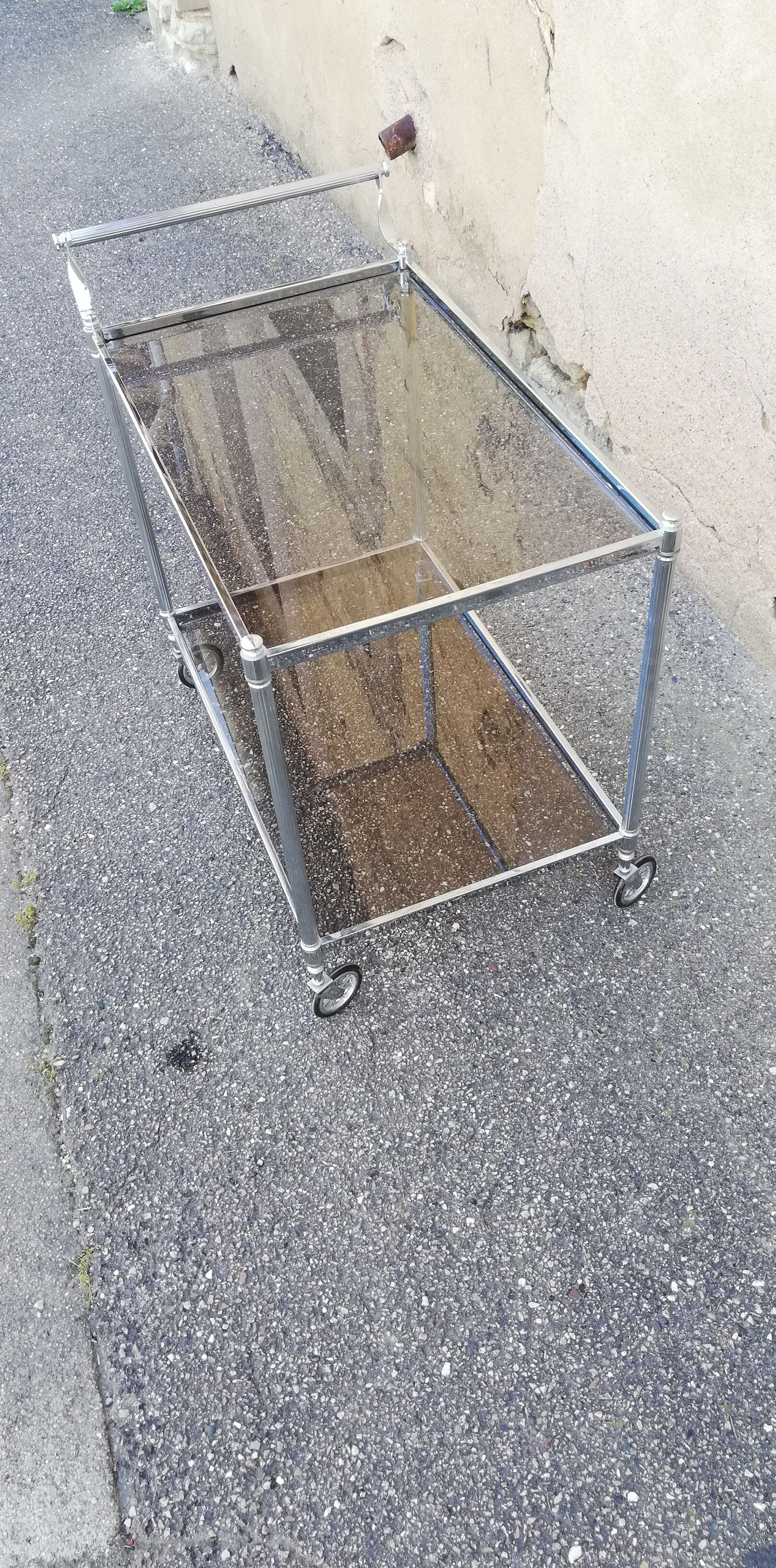 Vintage chrome serving, brown smoked glass