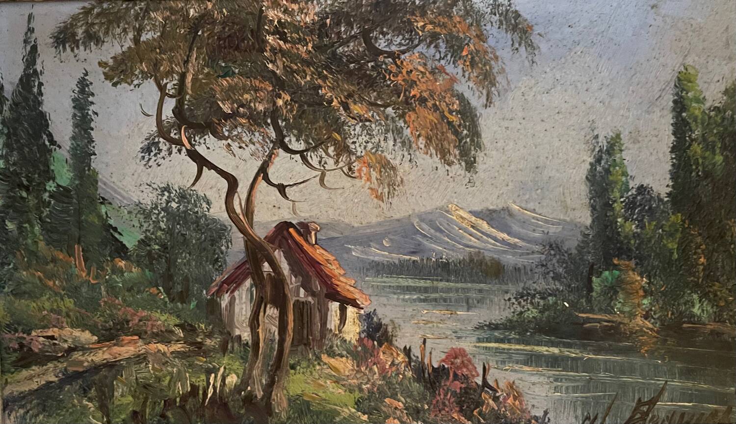 Signed mountain landscape painting.