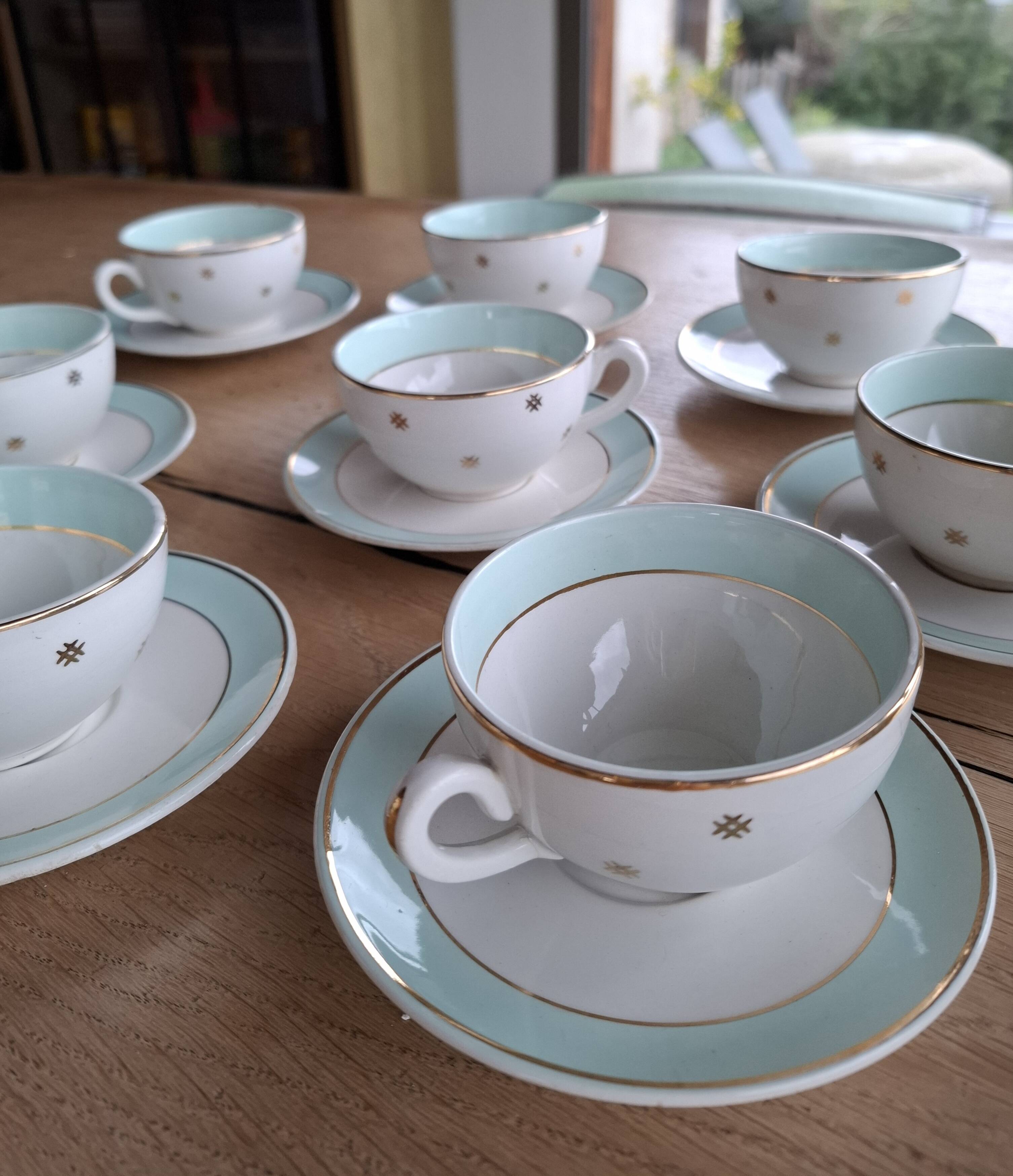 Vintage white and aqua tea service - gold trim - Luneville