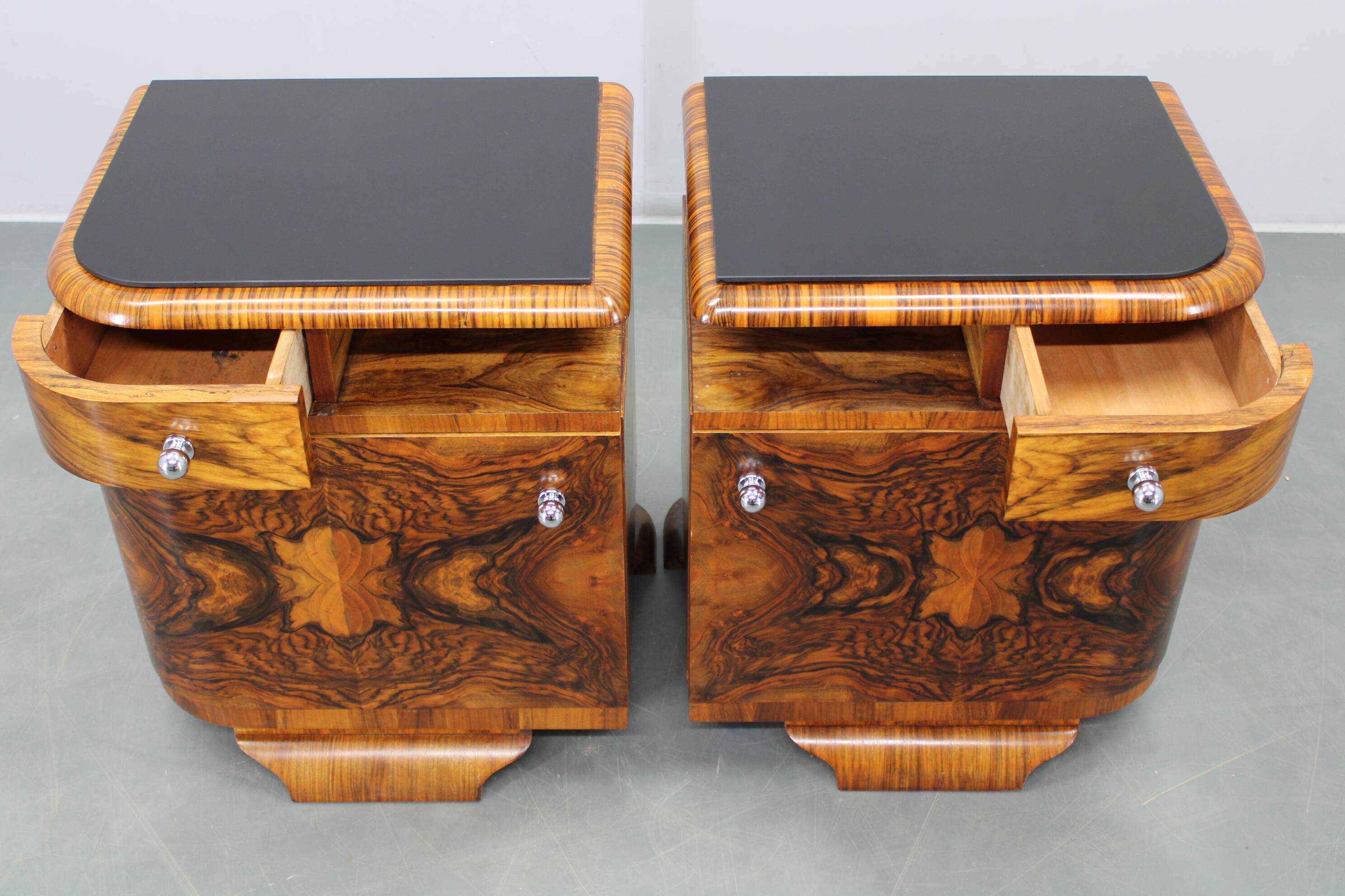 Pair of Art Deco walnut bedside tables from the 1930s.