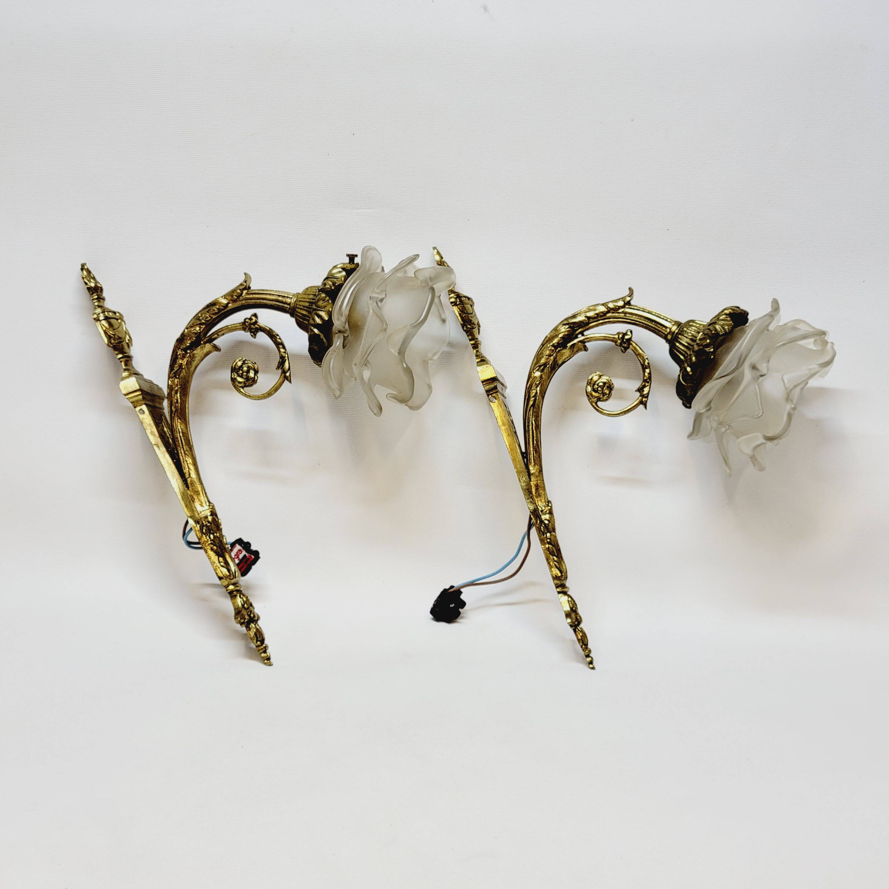 2 19th Century Gilt Bronze Wall Sconces with Molded Glass Globes in the Shape of
