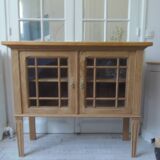 Console, shallow sideboard in waxed finish oak, 2 glass doors, 1 shelf.