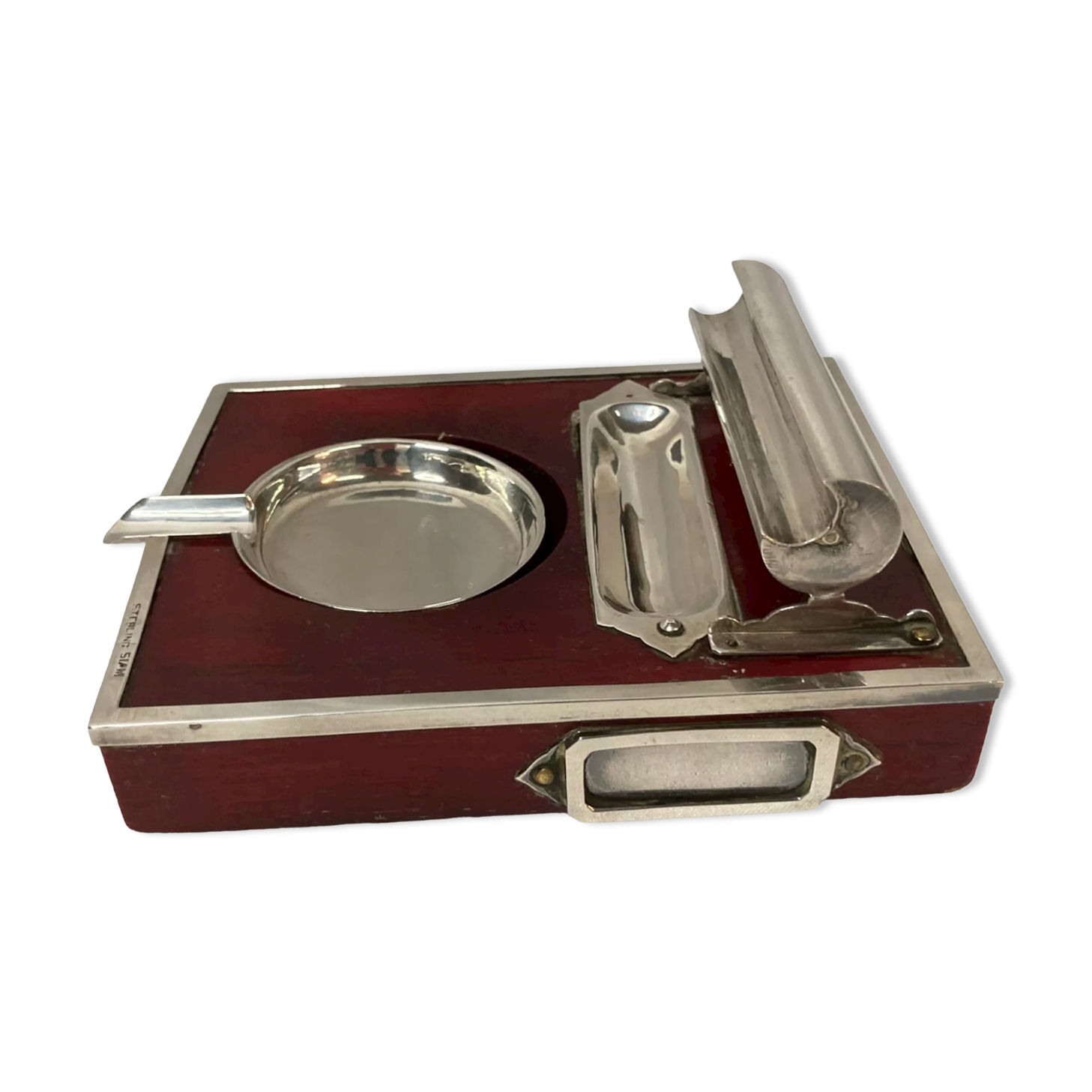 2211869 Vintage, necessary smoker ashtray silver metal red wood circa 1940