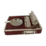 2211869 Vintage, necessary smoker ashtray silver metal red wood circa 1940