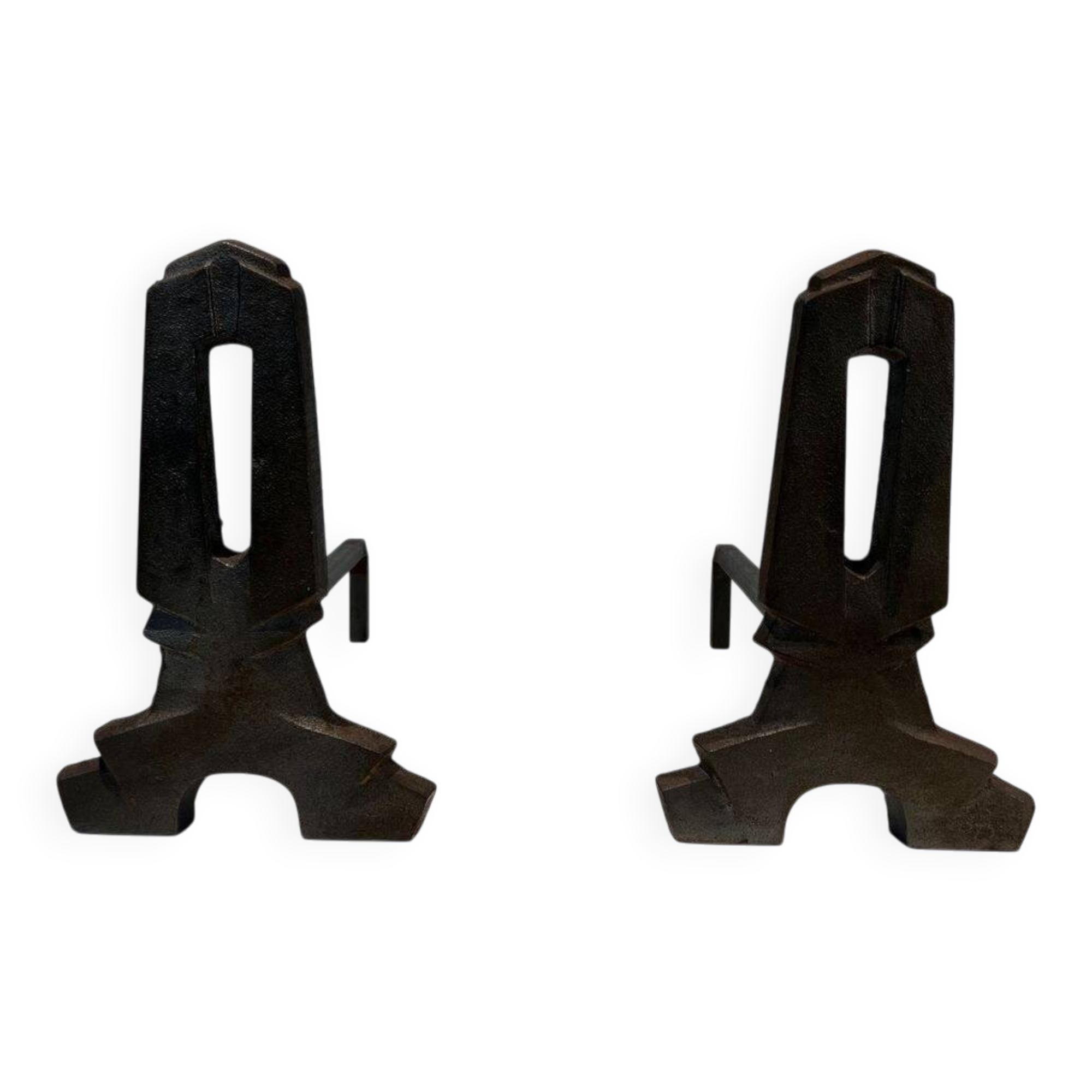 Pair of Modernist Andirons in Cast Iron with Openwork Uprights and Tripod Bases