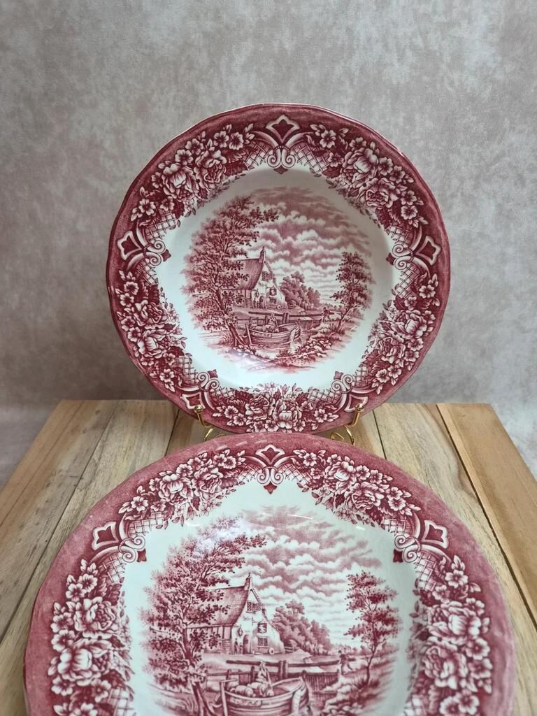 2 vintage deep plates in red Toile de Jouy by Grindley Homeland Staffordshire England.