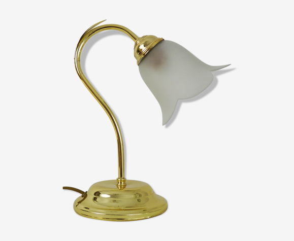 Lampe col de cygne de style Art Déco à feuillage en laiton et tulipe en  verre. Année 80 90 | Selency