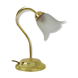 Lampe col de cygne de style Art Déco à feuillage en laiton et tulipe en verre. Année 80 90