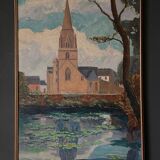 Huile sur panneau par Coran d'Ys XXe représentant une église