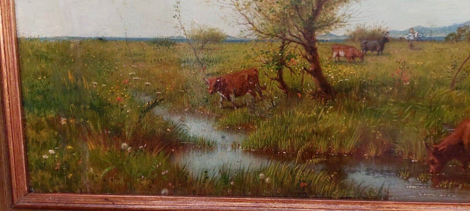 Antique oil painting on panel landscape figures cows - 19th century