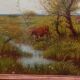 Antique oil painting on panel landscape figures cows - 19th century
