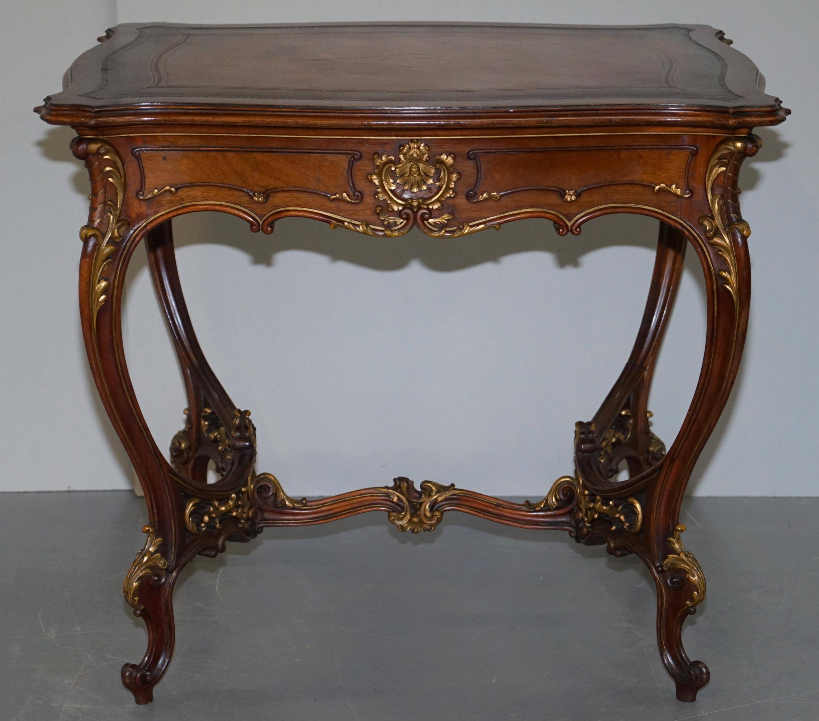 Pine desk with leather and gilding, late Victorian period around 1900.