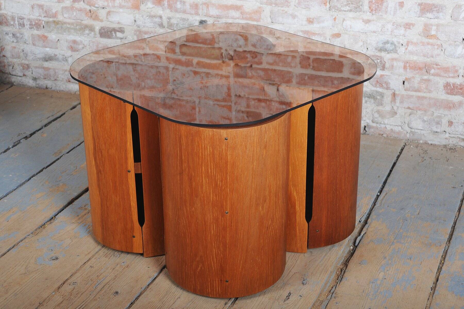 Mid-Century Modern Nesting Table in Oak and Smoked Glass, Czech, 1960s, Set of 5